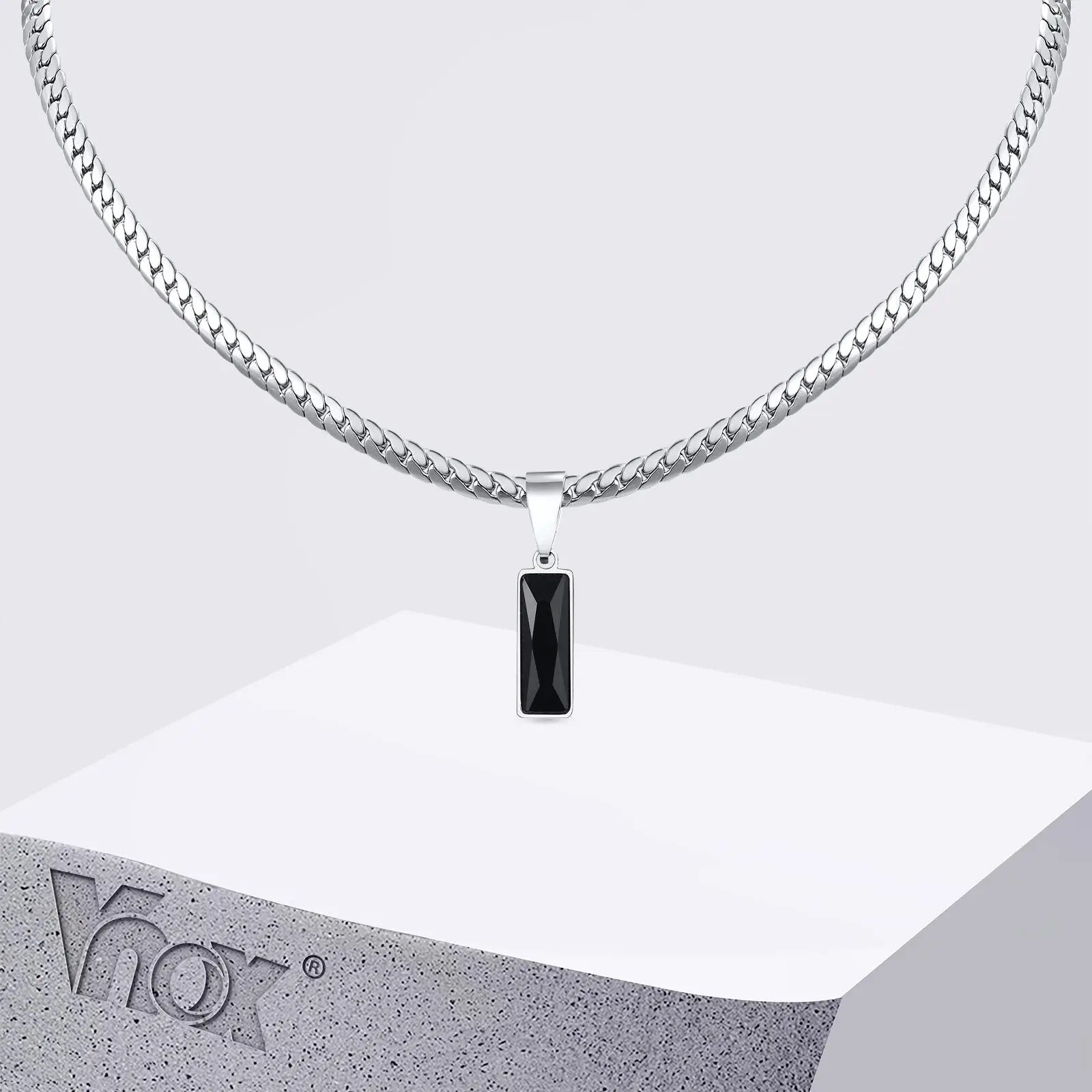 Black Zircon Square Pendant Cuban Chain Necklace