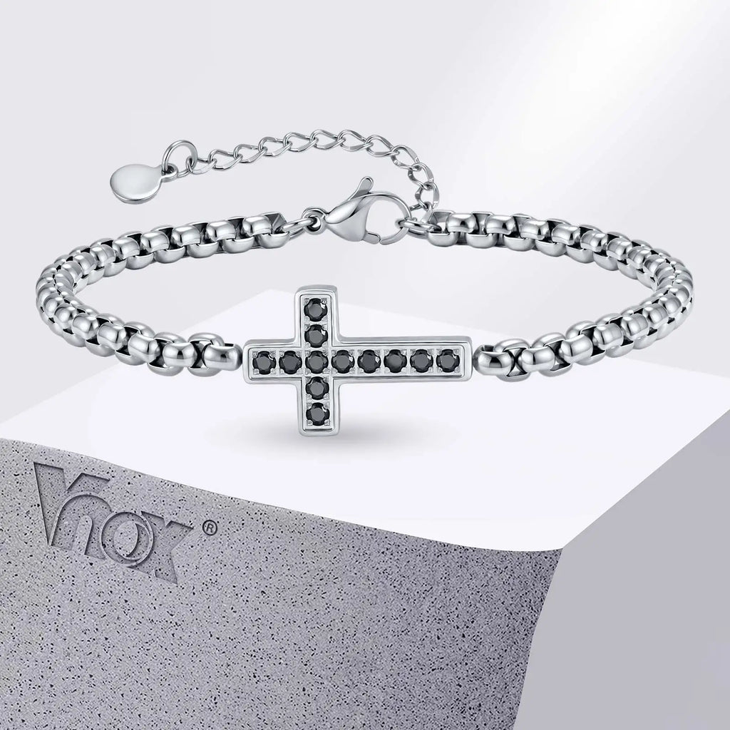 Black CZ Cross Box Chain Bracelet
