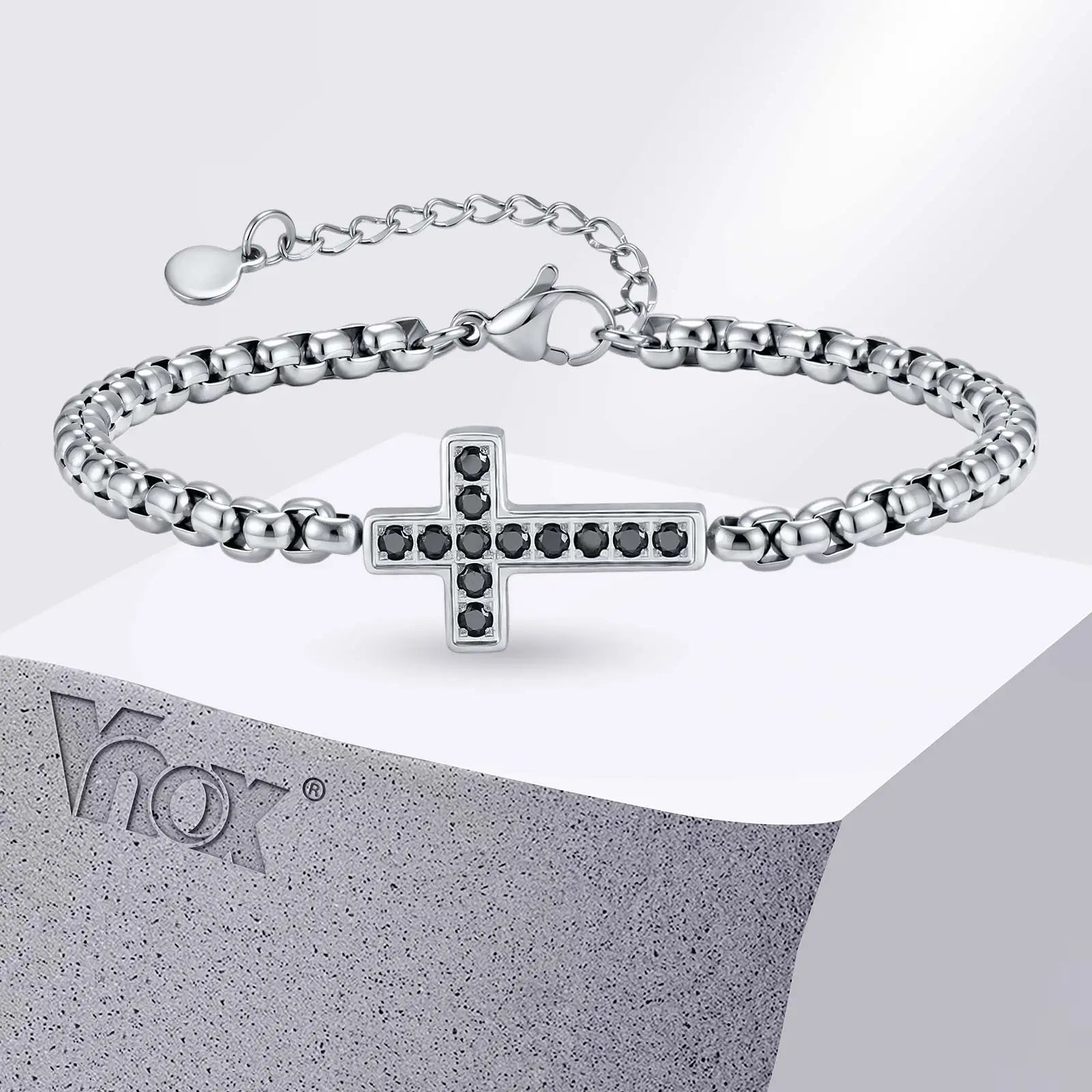 Black CZ Cross Box Chain Bracelet
