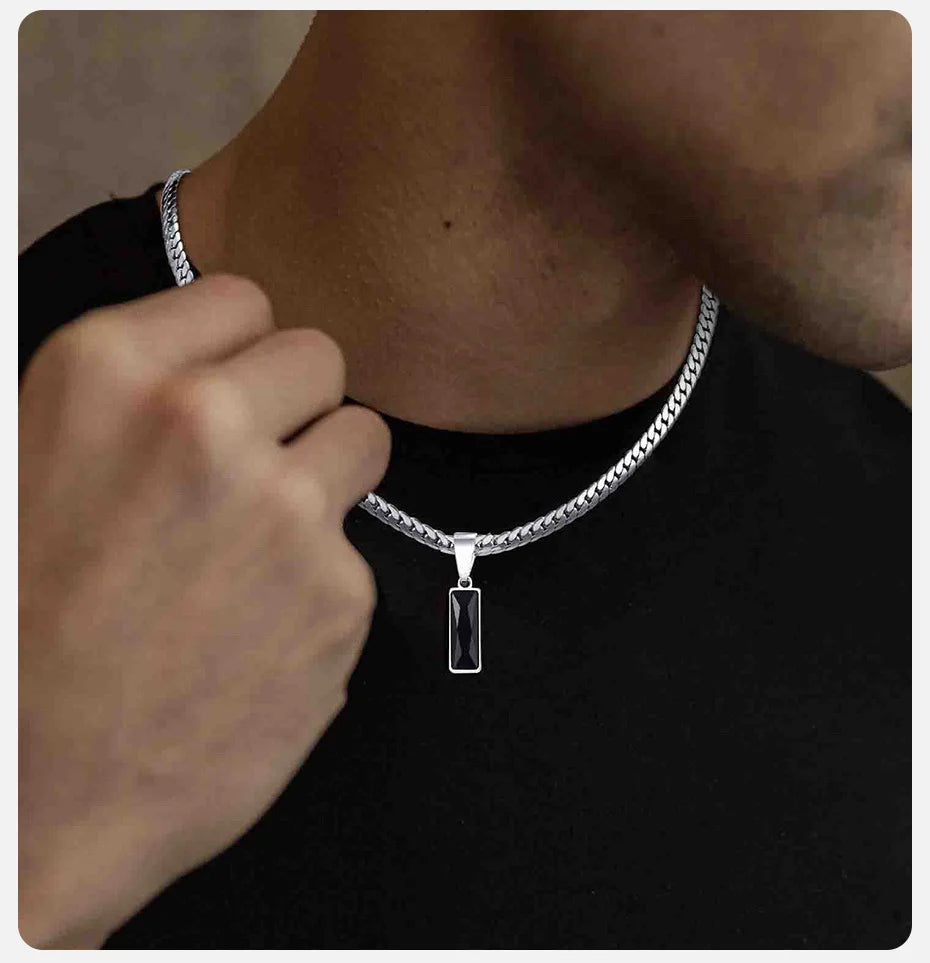 Black Zircon Square Pendant Cuban Chain Necklace