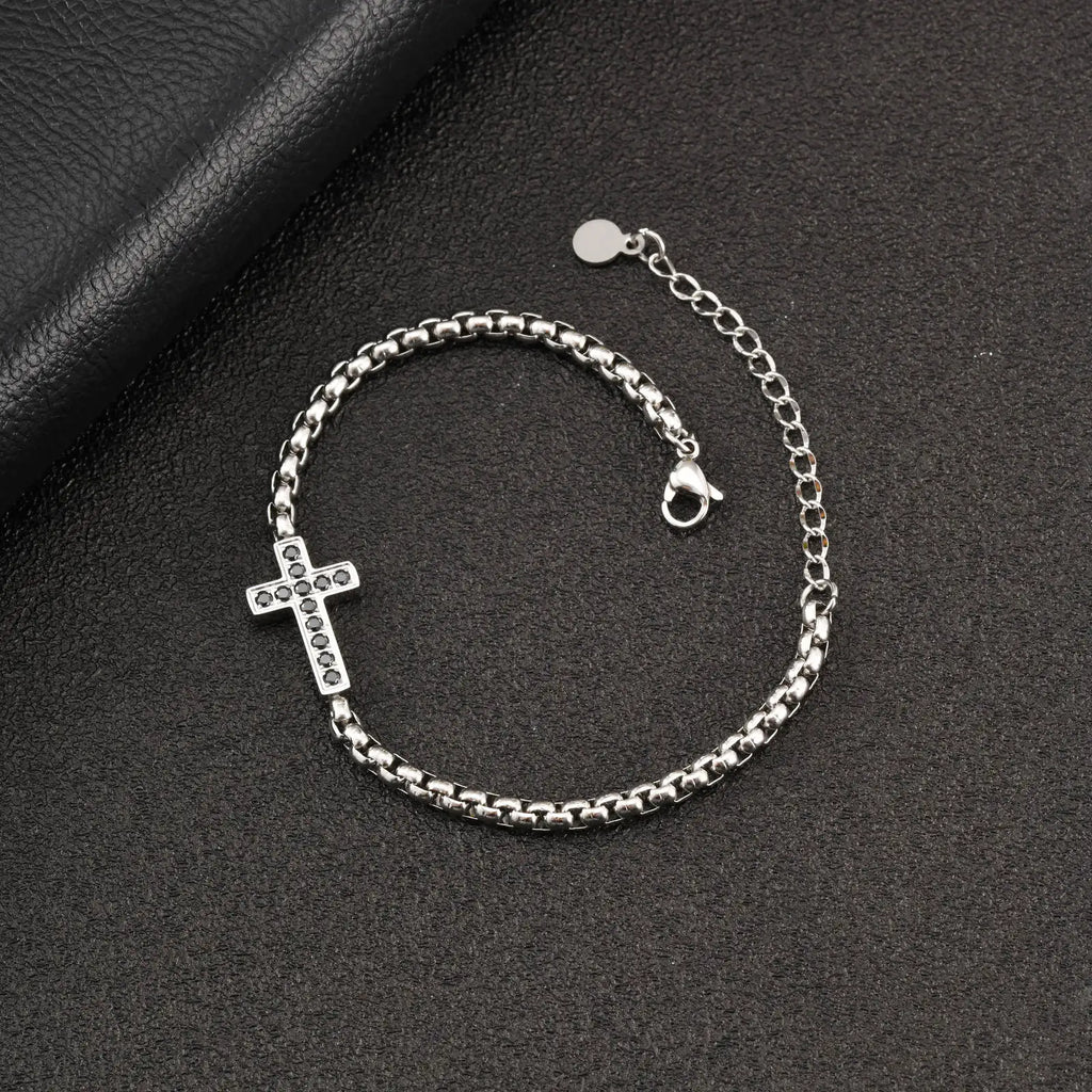 Black CZ Cross Box Chain Bracelet