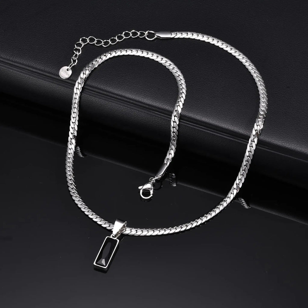 Black Zircon Square Pendant Cuban Chain Necklace