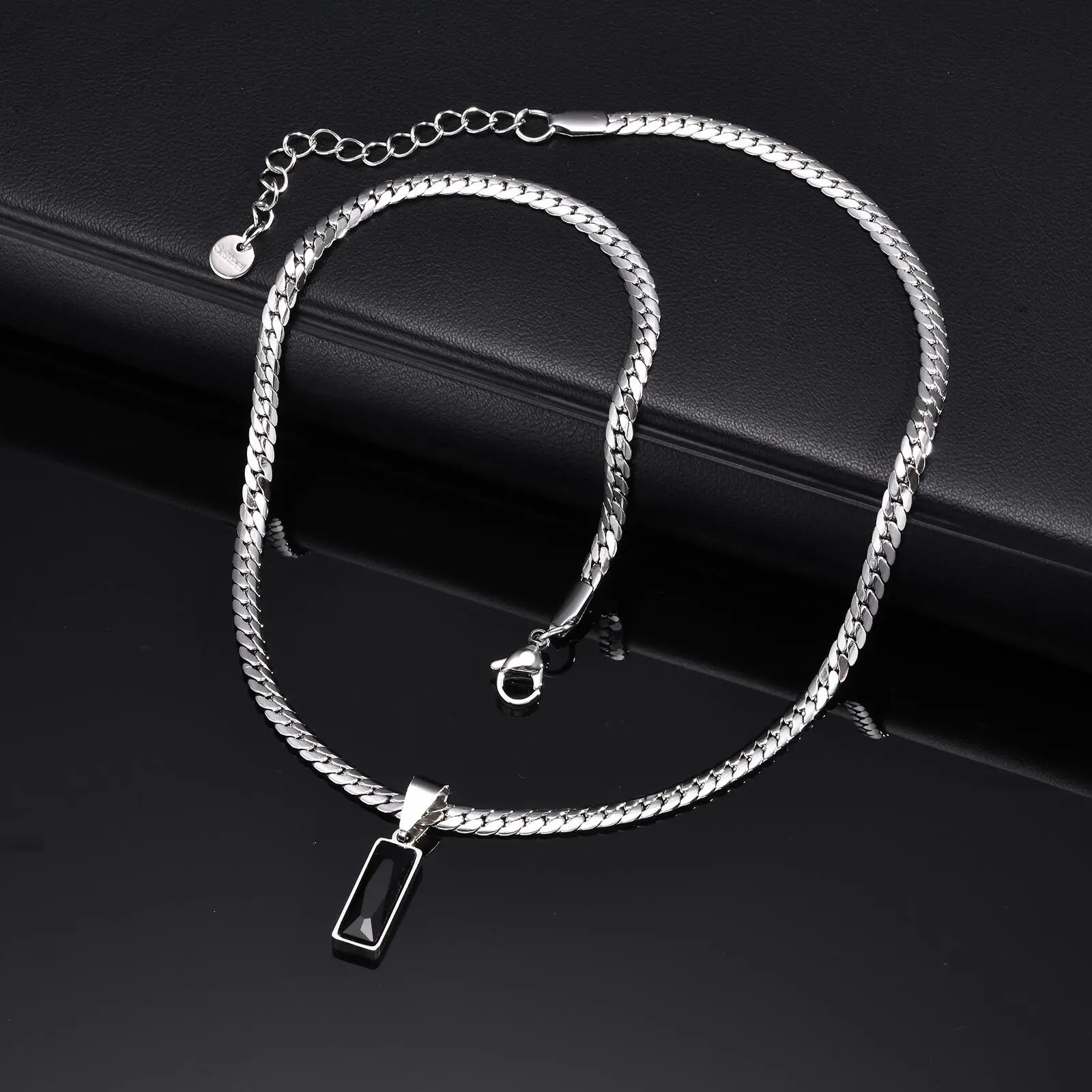 Black Zircon Square Pendant Cuban Chain Necklace