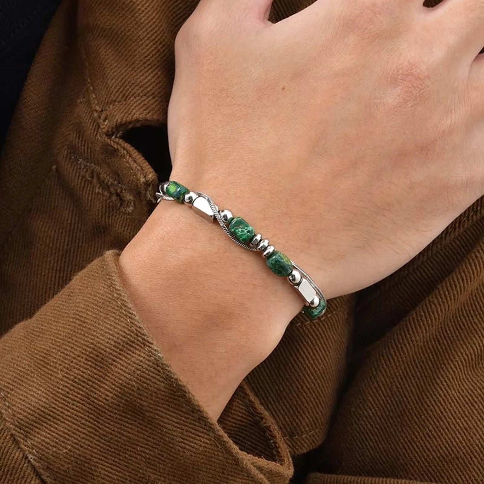 Green Natural Stone Beaded Chain Bracelet