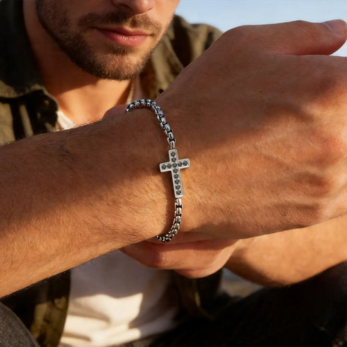 Black CZ Cross Box Chain Bracelet