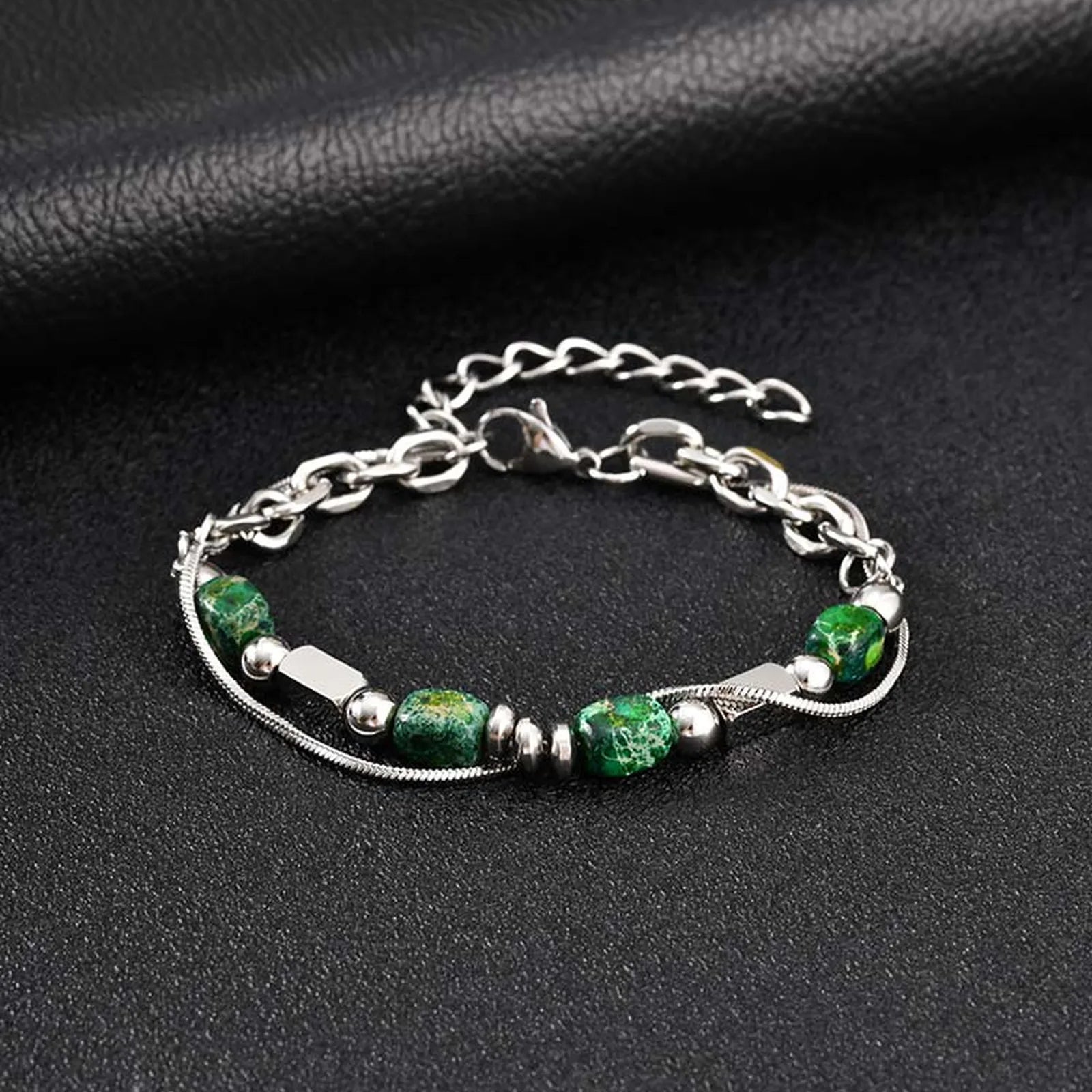 Green Natural Stone Beaded Chain Bracelet