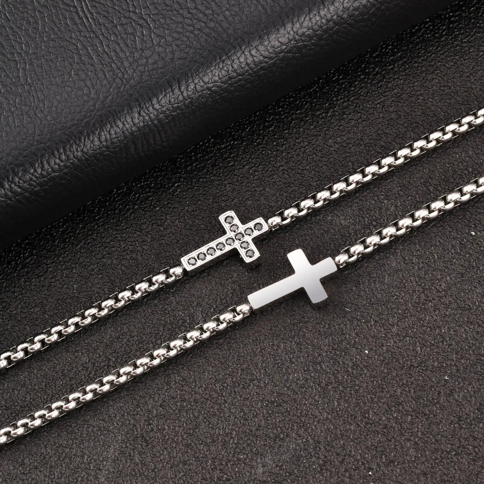 Black CZ Cross Box Chain Bracelet