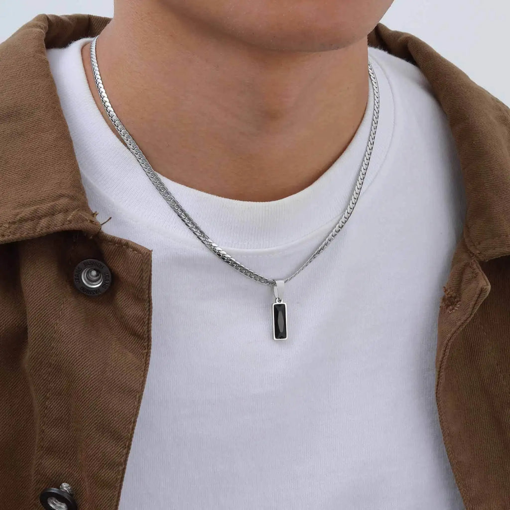 Black Zircon Square Pendant Cuban Chain Necklace