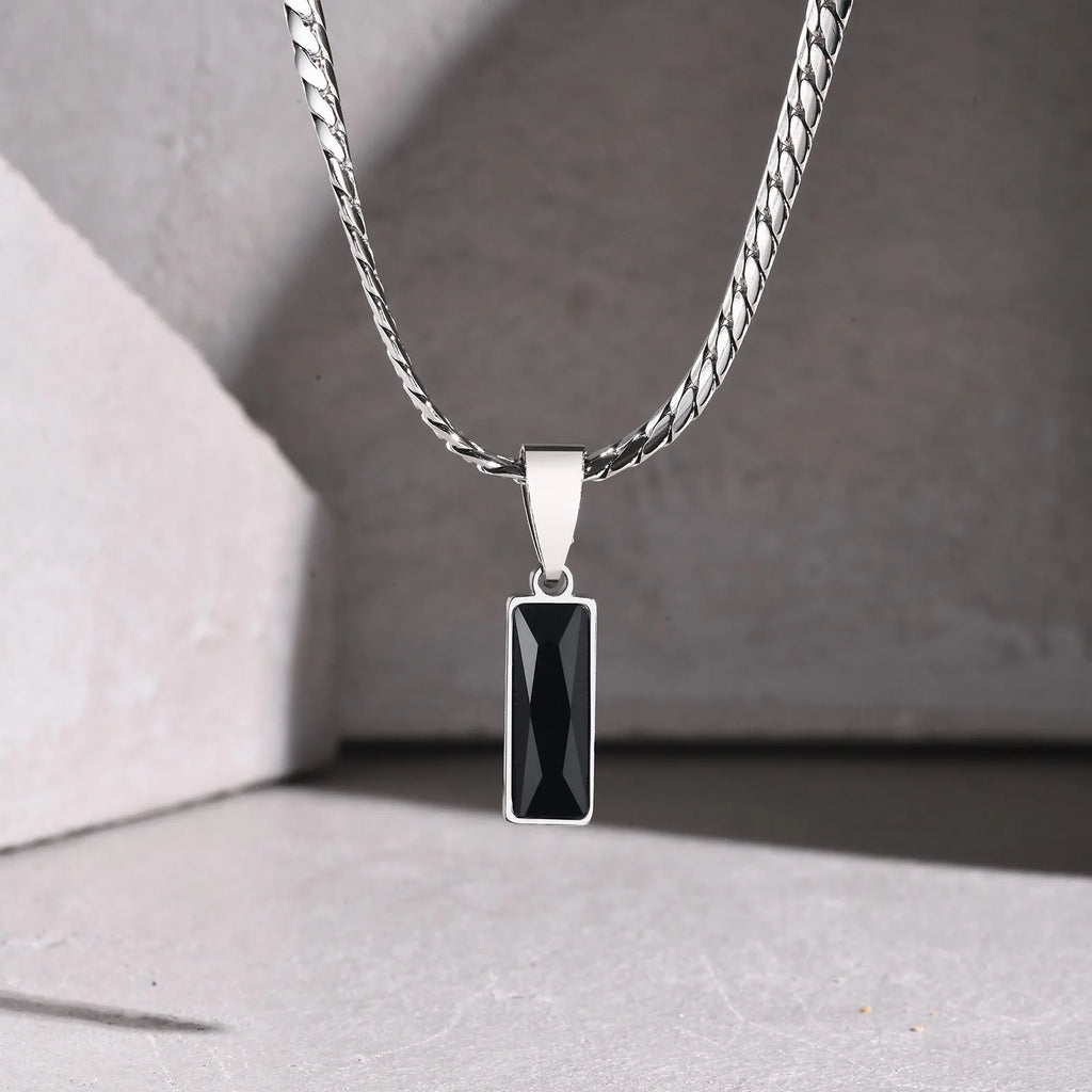 Black Zircon Square Pendant Cuban Chain Necklace