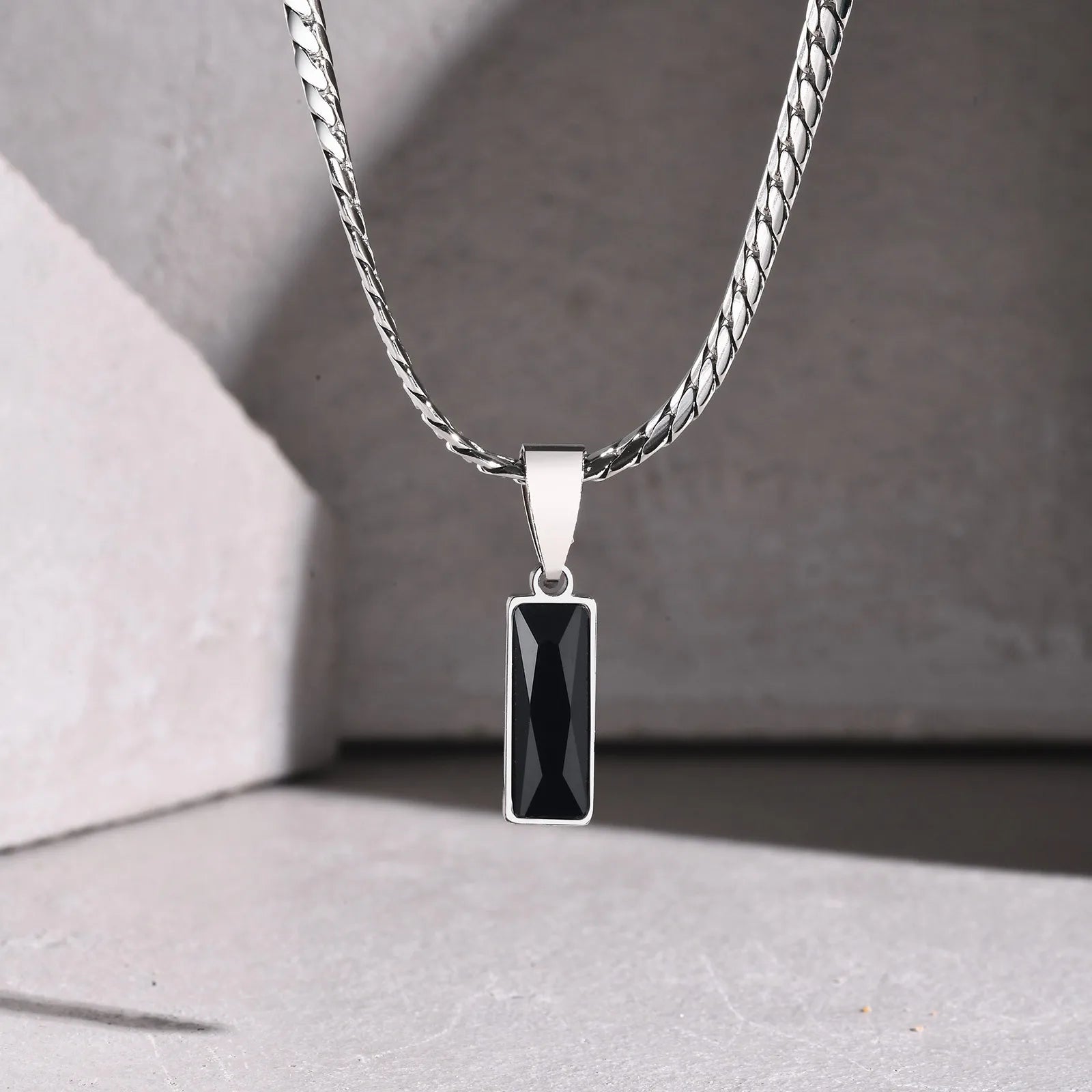 Black Zircon Square Pendant Cuban Chain Necklace
