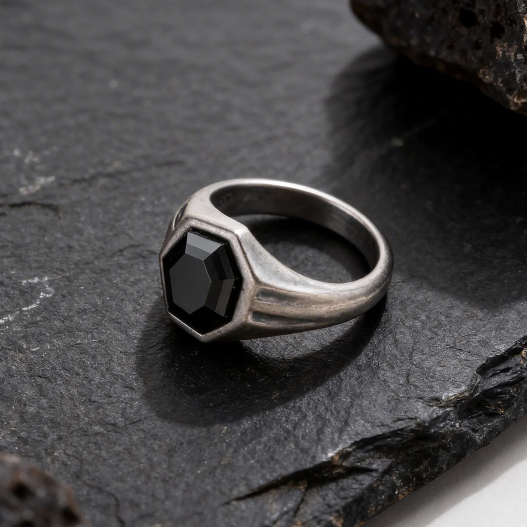 Hexagon Black Zircon Statement Ring